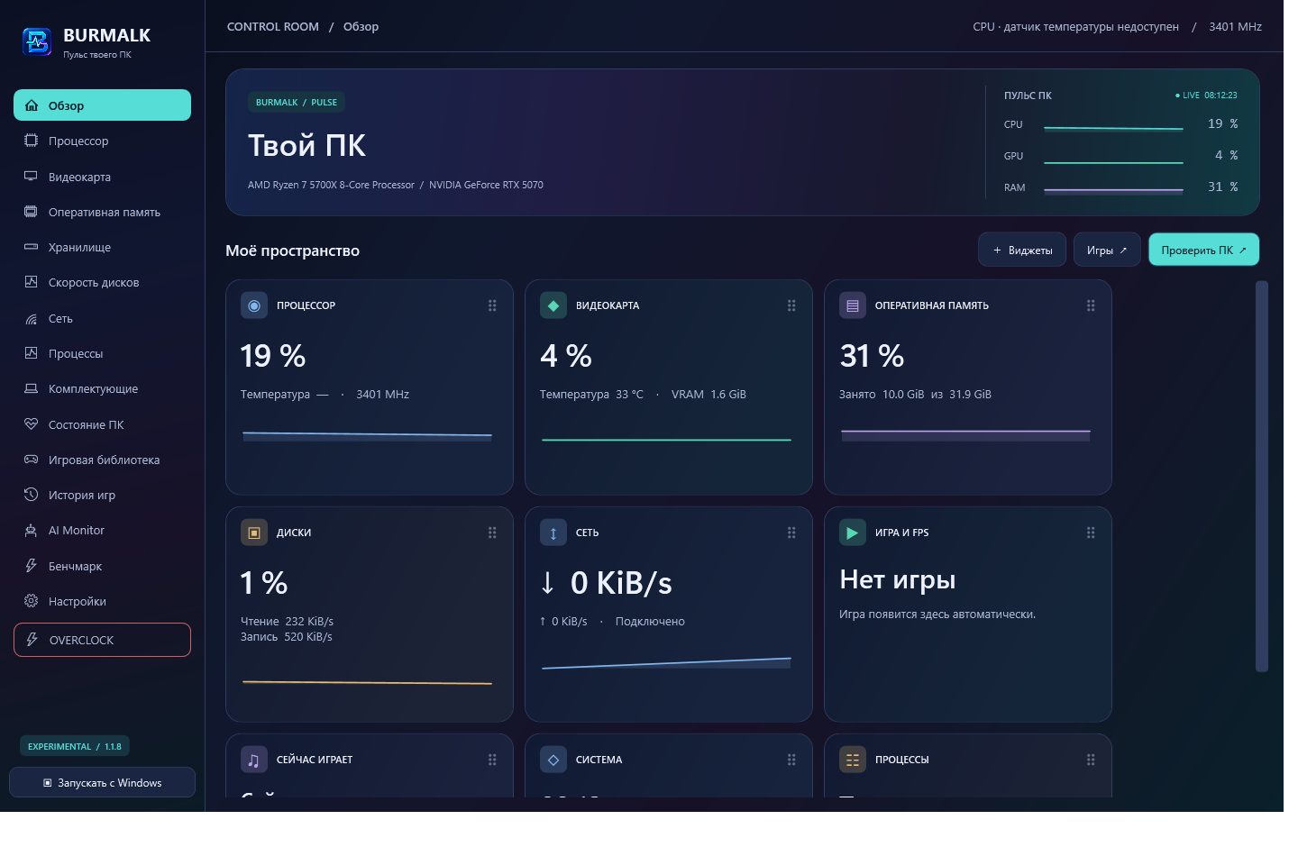 Главная панель Burmalk: графики и карточки CPU, GPU, RAM